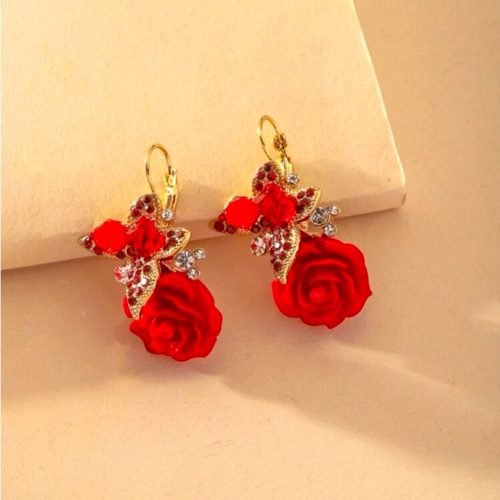 RubyRed Delicate❤️🌹"Roses Are Red" Rhinestone & Gold Leverback Earrings - Picture 2 of 11
